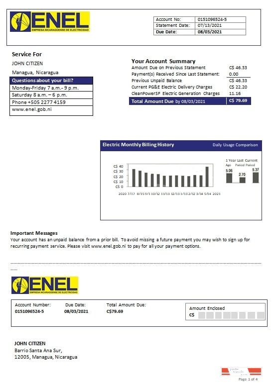 Nicaragua Nicaraguan Electricity Company ENEL electricity utility bill template in Word and PDF format